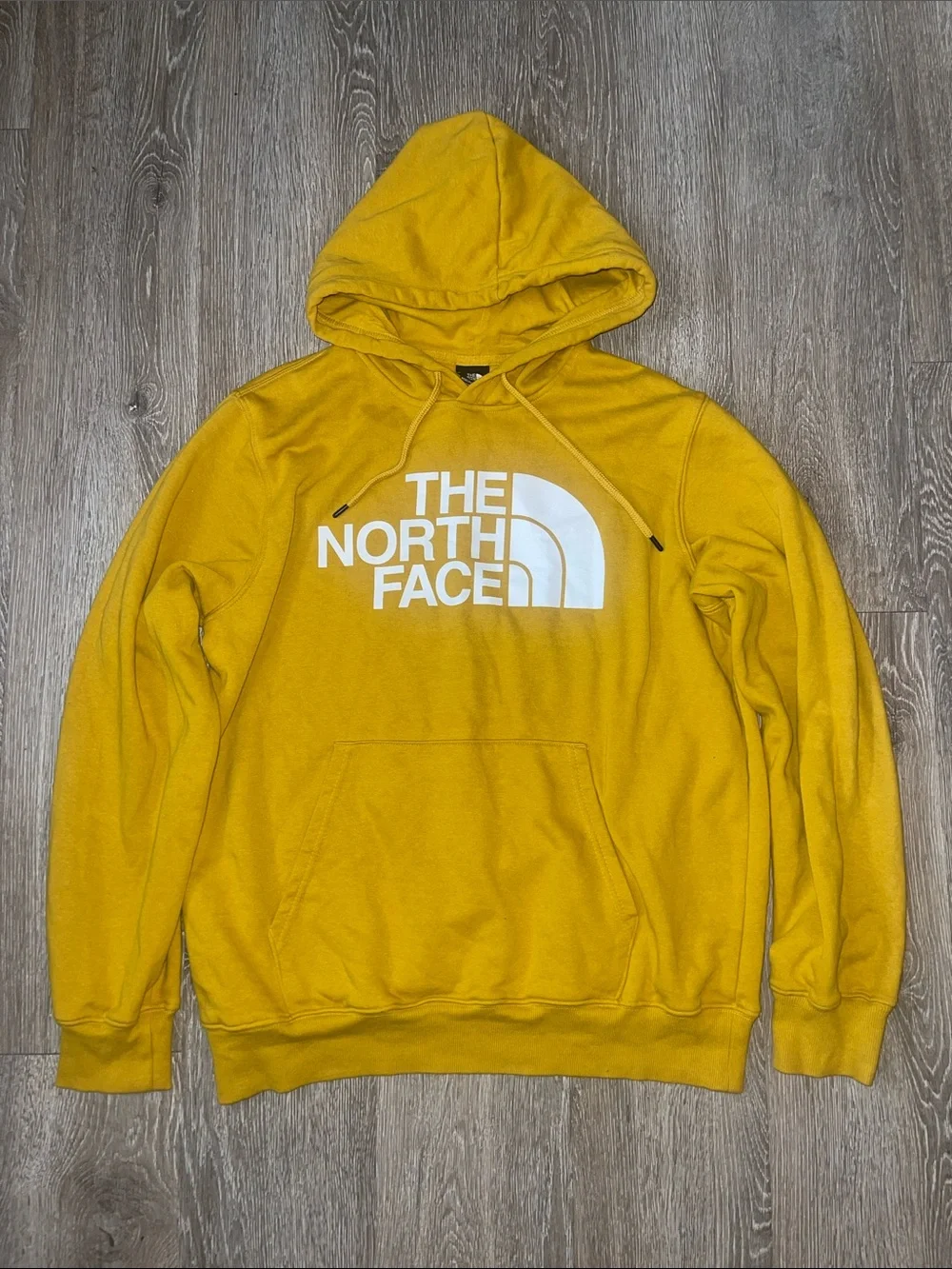 The North Face Men's Mustard Yellow Pullover Hoodie White Logo sweatshirt large